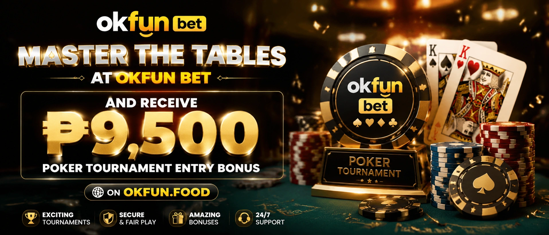 OKFUN Poker feature banner with a poker-themed interface