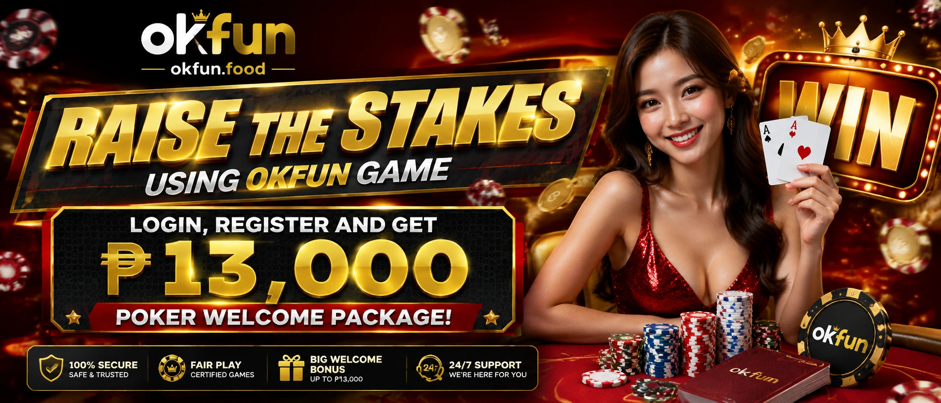 OKFUN poker promotional banner showing a table-style layout